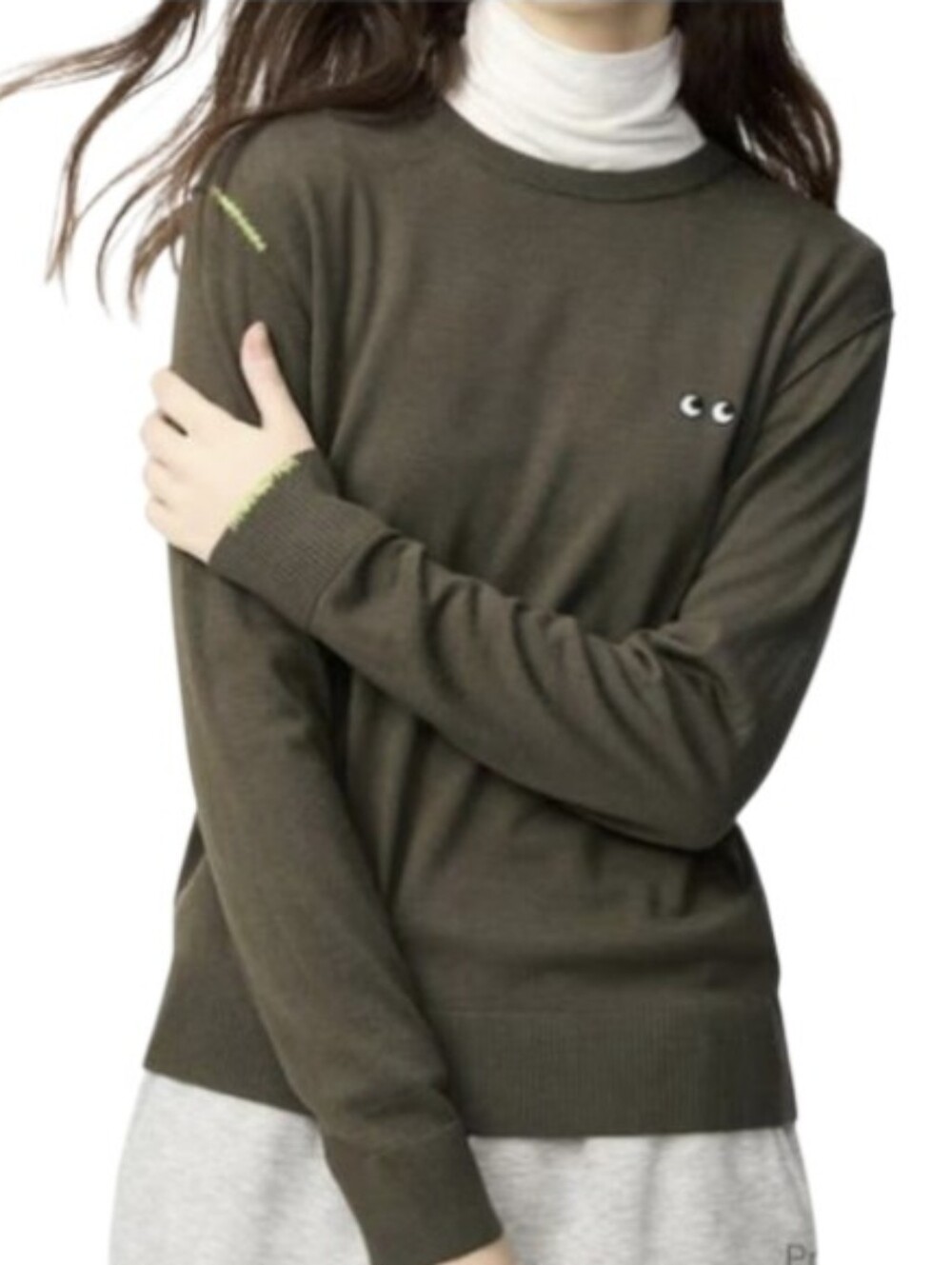 Anya Hindmarch X Uniqlo Olive Crewneck Sweater with Embroidered Eye Detail